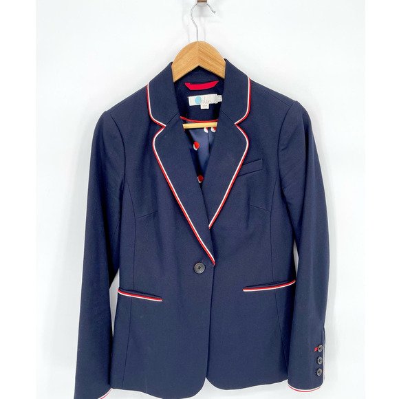 Boden Navy Blue Red Contrast Lilah Single Breasted Cotton Blazer Jacket Size 6 - Picture 2 of 8